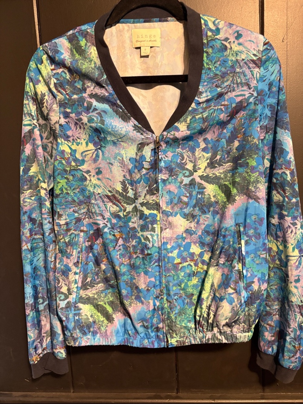 hinge Blue Multi Floral Bomber Jacket with Black Trim